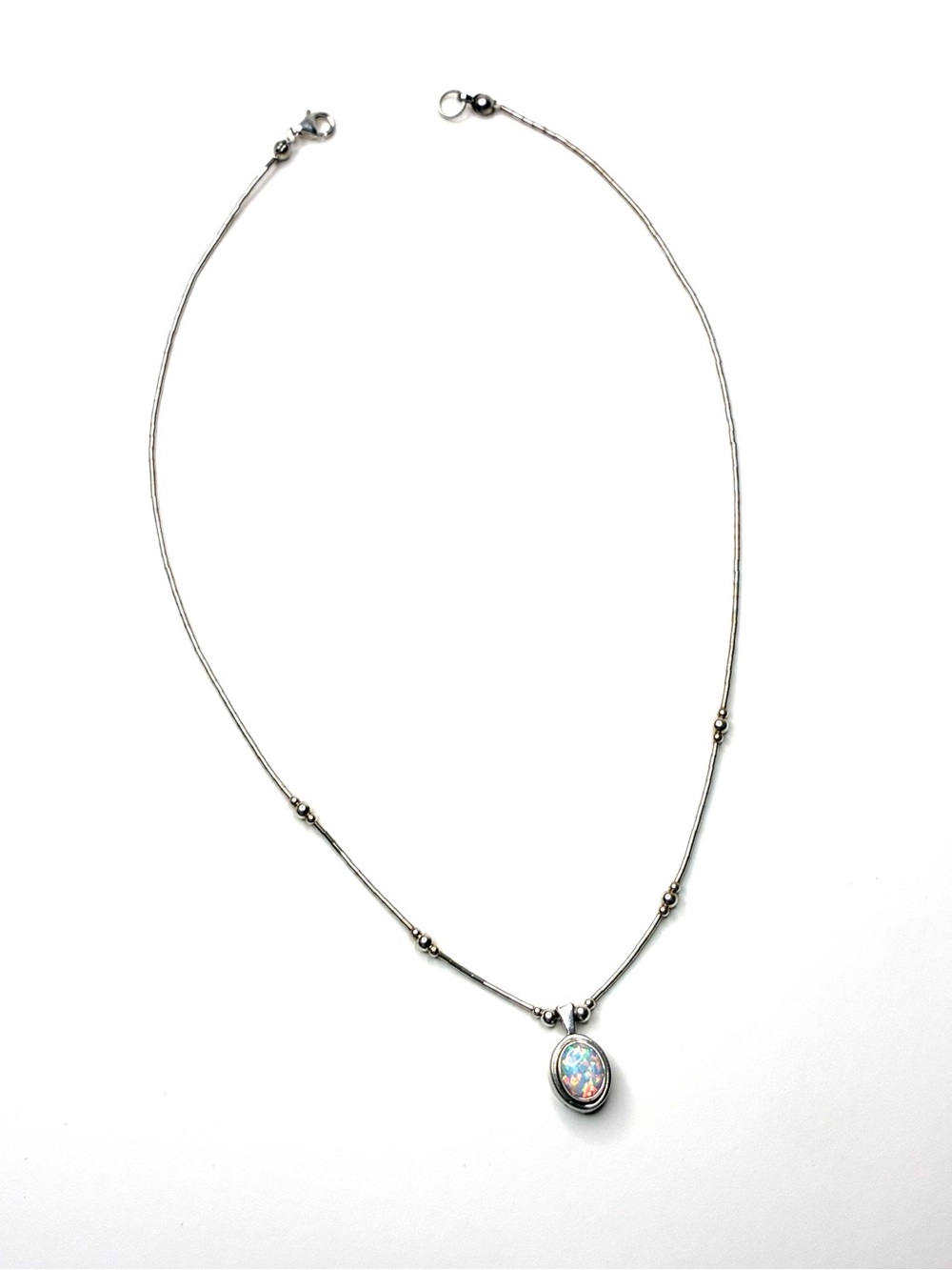 Vintage 925 Sterling Liquid Silver Station Necklace Oval Opal Pendant 16"